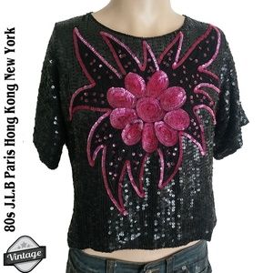 VTG 80s JLB Paris Silk Sequined Floral Top SZ M